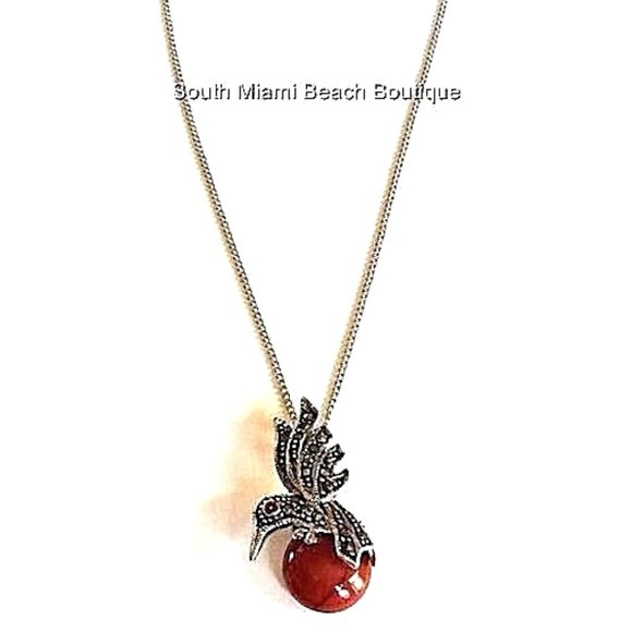 Hummingbird Necklace 19" Cubic Zirconia Marcasite Silver Rhodium Plated Red 19" - Picture 3 of 8